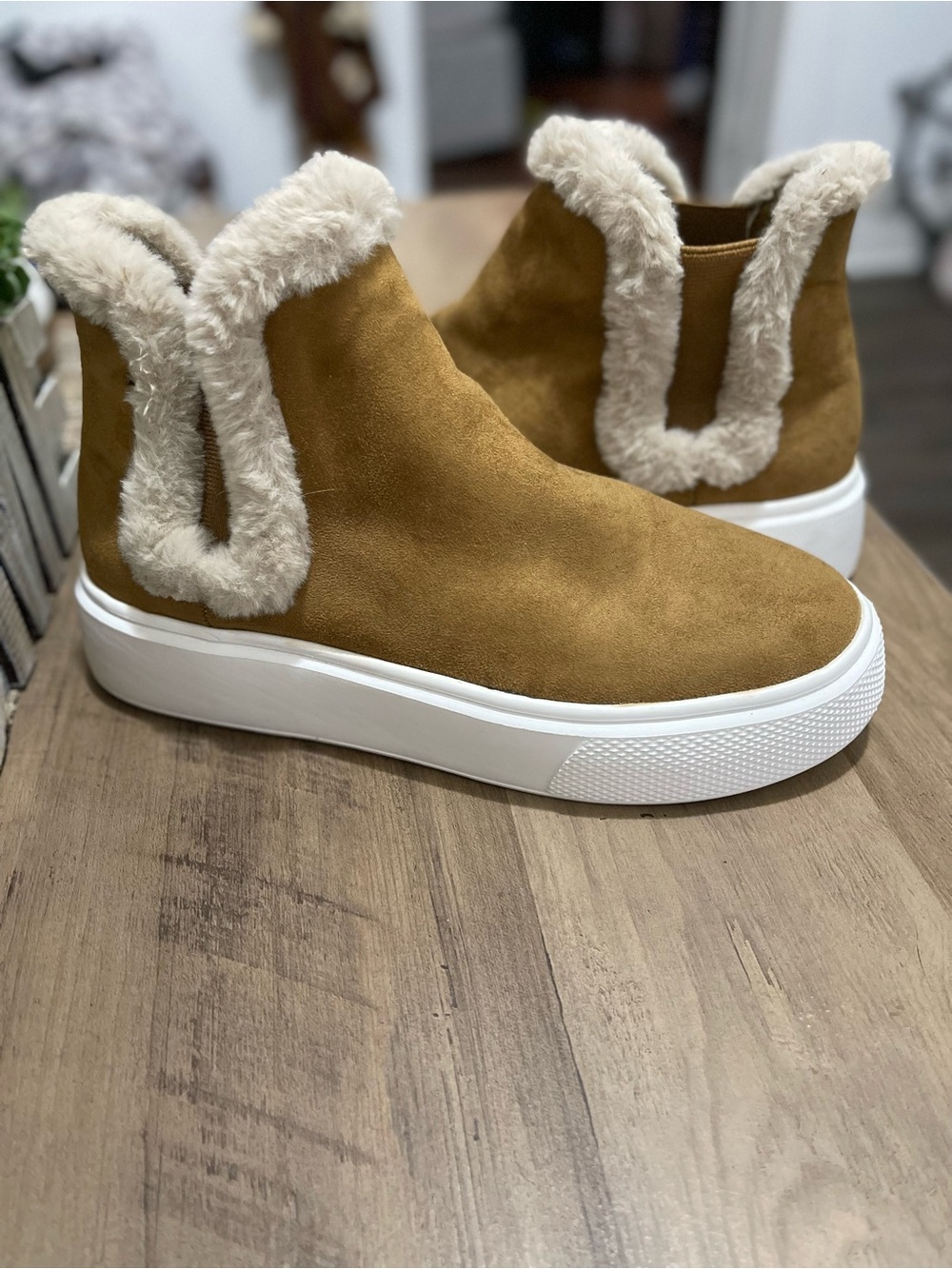 Nine West Camel Faux-Suede Faux-Fur Platform Ankle Booties